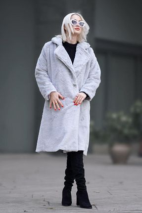 پالتو پشمی طوسی زنانه رگولار Madmext - کد 788358426