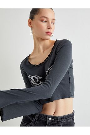 تیشرت طوسی زنانه یقه بند دار Koton - کد 806024151