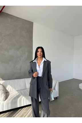 کت و شلوار طوسی زنانه یقه کتی TANISA - کد 874373092