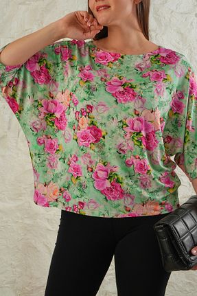 تیشرت سبز زنانه اورسایز ESPİNA - کد 874387064