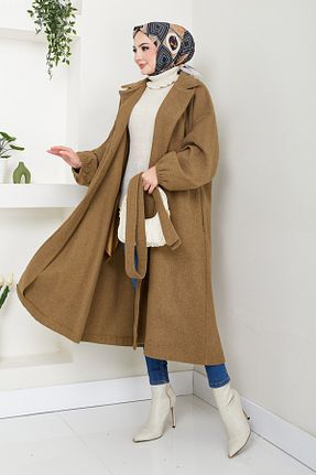 پالتو پشمی حجاب قهوه ای زنانه رگولار ModaMerve - کد 874950043