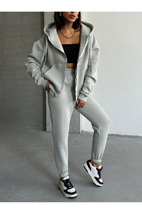 ست بالاتنه و پائین تنه طوسی زنانه بافتنی İLKCET MODA - کد 875094060