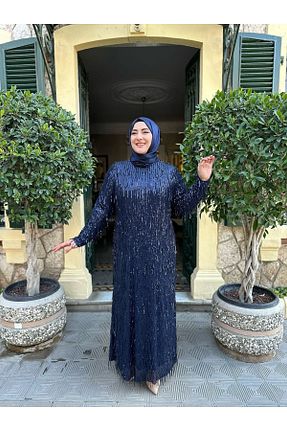 لباس مجلسی حجاب سرمه ای زنانه یقه دوچرخه Emsale - کد 800017088