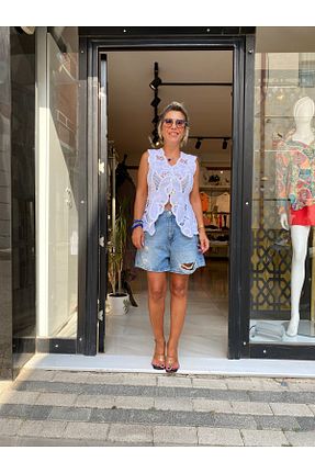 شلوارک و برمودا آبی زنانه فاق بلند özlem adaşoğlu boutique - کد 873352983