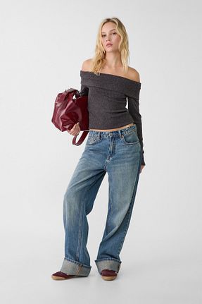 تیشرت طوسی زنانه Straplez Stradivarius - کد 873731674