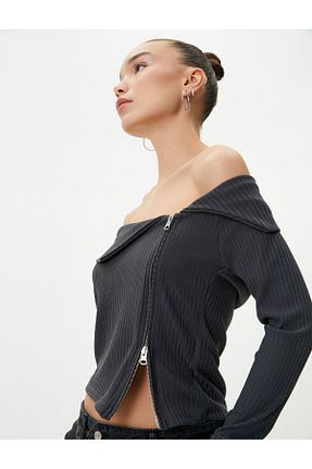 تیشرت طوسی زنانه یقه مدونا Koton - کد 799685541