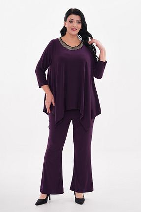 ست لباس مجلسی سایز بزرگ بنفش زنانه یقه U IŞILTI - کد 874394405
