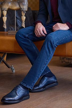 کفش کلاسیک سرمه ای مردانه چرم خالص İmza - کد 863177798