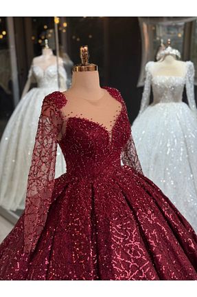 لباس عروس زرشکی زنانه توری Belinay - کد 875140689