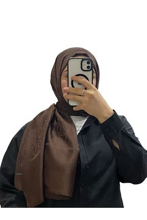 روسری قهوه ای کرپ ساتن ابریشم şehri şal - کد 873683002