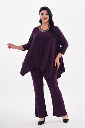 ست لباس مجلسی سایز بزرگ بنفش زنانه یقه U IŞILTI - کد 874394405