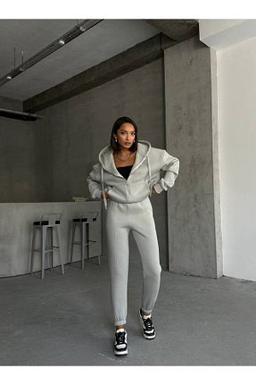 ست بالاتنه و پائین تنه طوسی زنانه بافتنی İLKCET MODA - کد 875094060