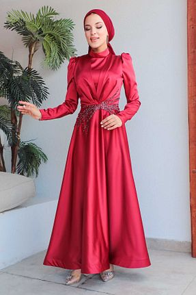 لباس مجلسی حجاب قرمز زنانه یقه ایستاده İmajButik - کد 760593928