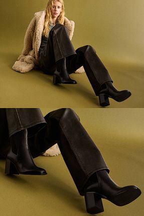 بوت / نیم بوت مشکی زنانه چرم خالص Pull & Bear - کد 877146244