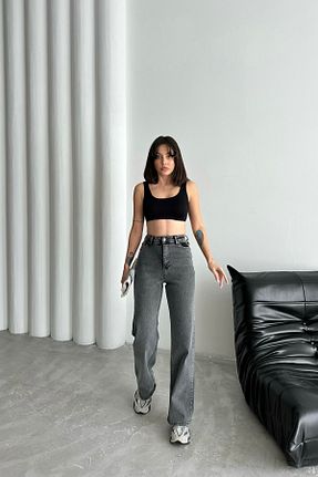 شلوار جین طوسی زنانه پاچه گشاد WODDİ - کد 929720697