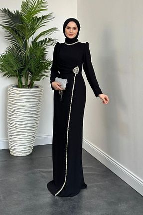 لباس مجلسی حجاب مشکی زنانه یقه ایستاده MERVEN AKYÜZ - کد 877579550