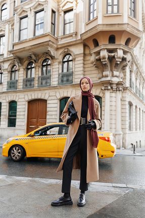 پالتو پشمی حجاب قهوه ای زنانه Relaxed Armine - کد 873839061
