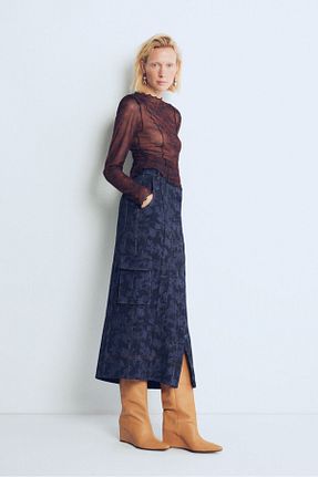 دامن سرمه ای زنانه طرح دار Pilea - کد 875709110