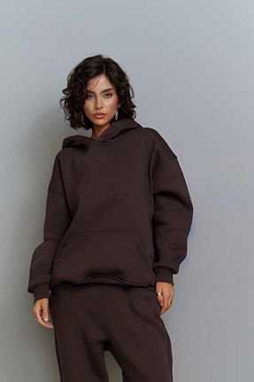 سوئیشرت قهوه ای زنانه ساده YAKAMEL - کد 876817293