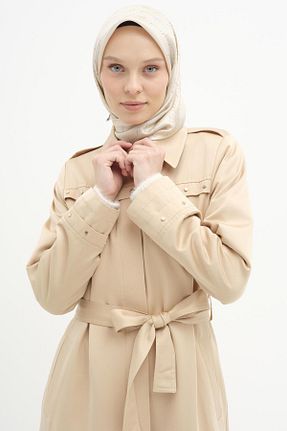 مانتو بلند حجاب بژ زنانه پنبه ای Tuğba - کد 877078370