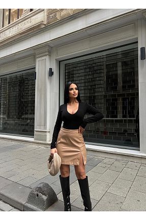 دامن بژ زنانه چرم مصنوعی LB Laluna Butik - کد 877221111