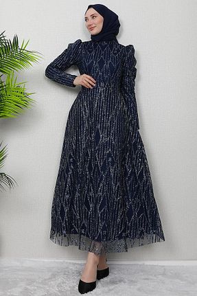 لباس مجلسی حجاب سرمه ای زنانه یقه ایستاده GİZ AGİYİM - کد 875460188