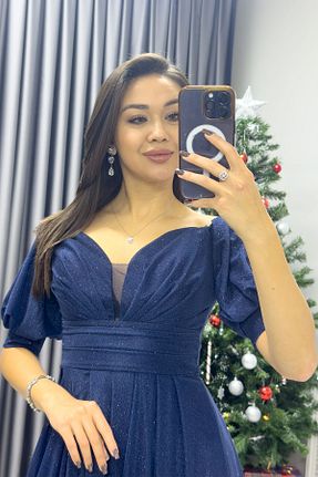 لباس مجلسی سایز بزرگ سرمه ای زنانه یقه هفت Elbise Delisi - کد 875724942