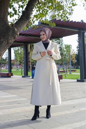پالتو پشمی حجاب بژ زنانه اورسایز Pieef - کد 875924468