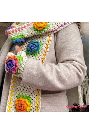 ست شال گردن و کلاه پشمی و دستکش بژ زنانه پنبه ای Satürn Hobi - کد 875964678