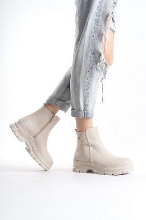 بوت / نیم بوت بژ زنانه چرم مصنوعی MANOLYA SHOES - کد 876747065