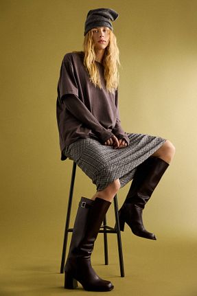 چکمه زرشکی زنانه چرم خالص Pull & Bear - کد 876889062