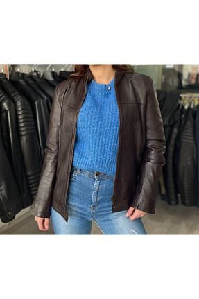 کاپشن قهوه ای زنانه چرم خالص Şahan Deri Denizli - کد 877065537
