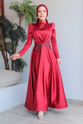 لباس مجلسی حجاب قرمز زنانه یقه ایستاده İmajButik - کد 760593928
