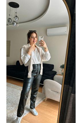 شلوار مشکی زنانه چرم مصنوعی Fidan - کد 876639985