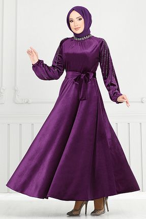 لباس مجلسی حجاب بنفش زنانه یقه ایستاده ModaMerve - کد 877500273