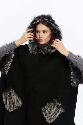 پانچو مشکی زنانه دو جیب MODASEMİN - کد 877713985