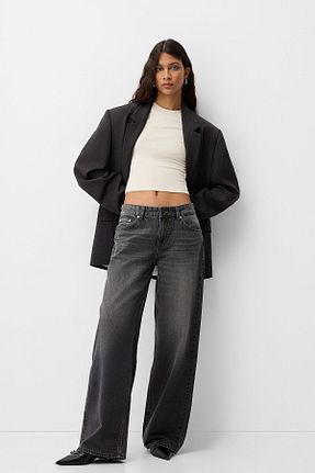 شلوار جین طوسی زنانه پاچه گشاد Bershka - کد 877721309