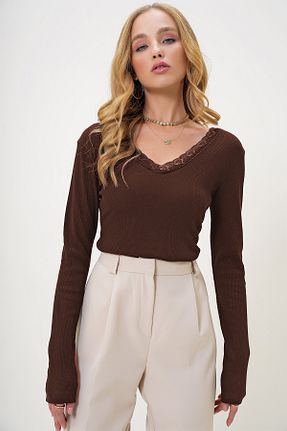 بلوز قهوه ای زنانه ساده Trend Alaçatı Stili - کد 871108604
