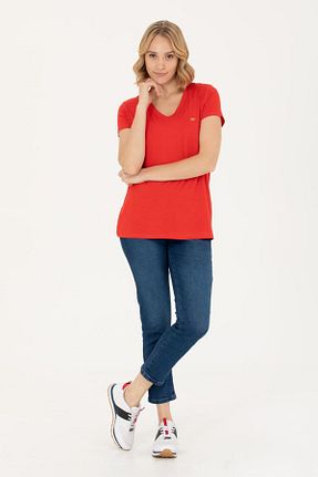 تیشرت قرمز زنانه یقه هفت U.S. Polo Assn. - کد 878342960