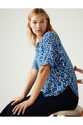بلوز آبی زنانه طرح دار Marks & Spencer - کد 745264111