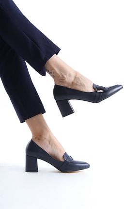 کفش پاشنه بلند کلاسیک سرمه ای زنانه پاشنه ضخیم İDOL SHOES - کد 878551268