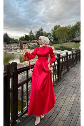 لباس مجلسی حجاب قرمز زنانه ساتن LİNA TESETTÜR - کد 878979953