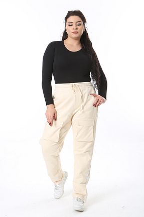 شلوار سایز بزرگ بژ زنانه بافت Şans - کد 878679676