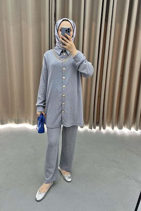 ست بالاتنه و پائین تنه طوسی زنانه بافتنی Pardesü Dünyası - کد 877889016