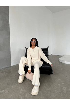ست بالاتنه و پائین تنه سفید زنانه تریکو Abalı - کد 877929423