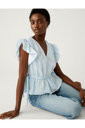 بلوز آبی زنانه طرح دار Marks & Spencer - کد 745593161