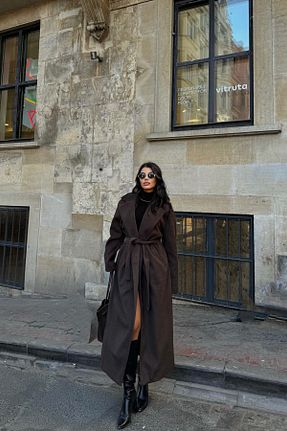 پالتو پشمی قهوه ای زنانه رگولار 
