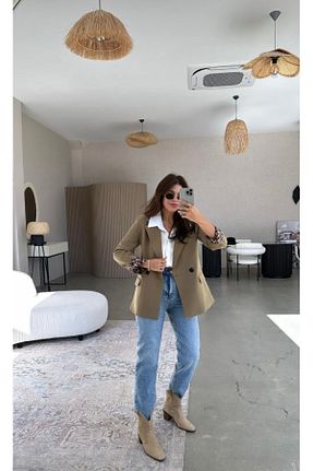 کت بلیزر خاکی زنانه چرم مصنوعی Liya - کد 878744084