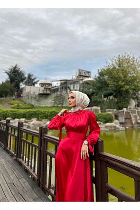 لباس مجلسی حجاب قرمز زنانه ساتن LİNA TESETTÜR - کد 878979953