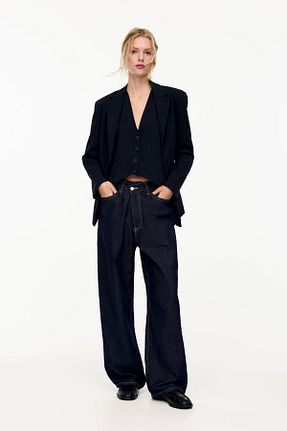 شلوار جین سرمه ای زنانه پاچه پهن Pull & Bear - کد 883462355